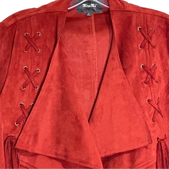 Miss Me Burnt Orange Faux Suede Drapey Collared Short Open Front Western Jacket - Picture 7 of 14